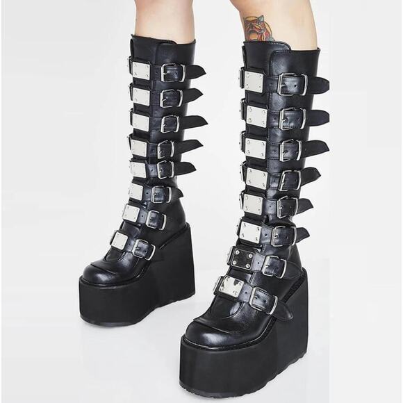 No Brand Shoes - Goth Platform Boots Knee High Gothic Womens Whimsigoth Buckle Straps Black